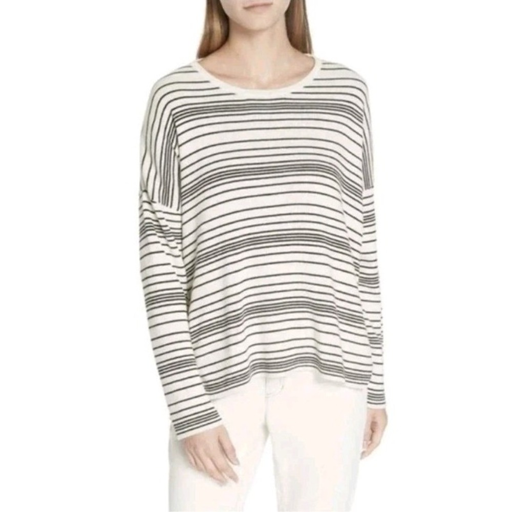 Eileen Fisher Box Top Sweater Organic Cotton Stripe Black Ivory M Pullover EUC